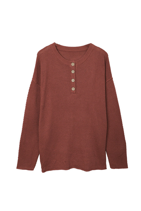 Henley Button Placket Side Slit Drop Shoulder Pullover Knit Sweater